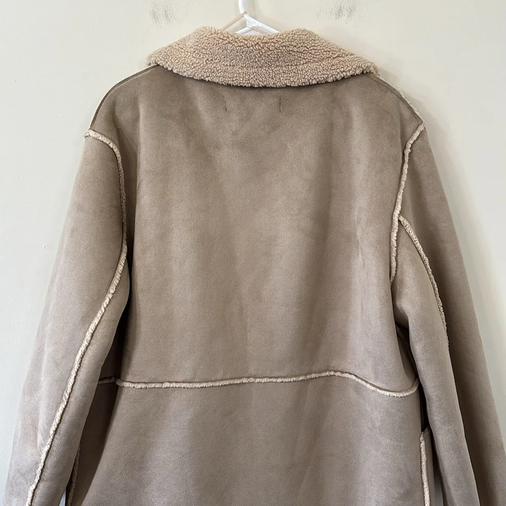 ZARA Contrasting Fleece Suede Long Coat Size Large - Picture 10 of 14